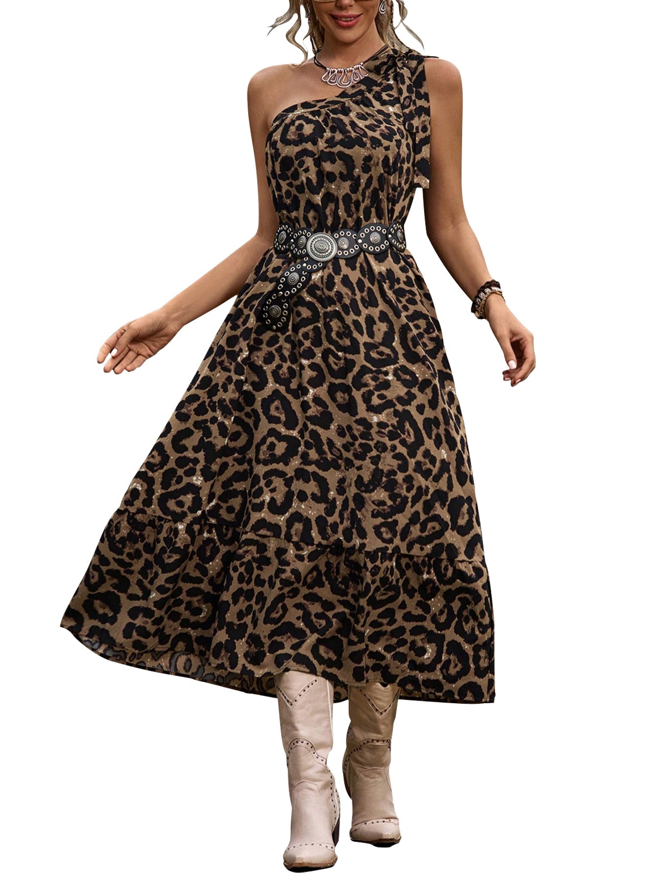 Leopard Print A-Line Midi Dress with One-Shoulder