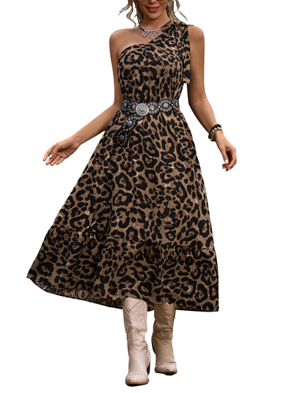 Leopard Print A-Line Midi Dress with One-Shoulder