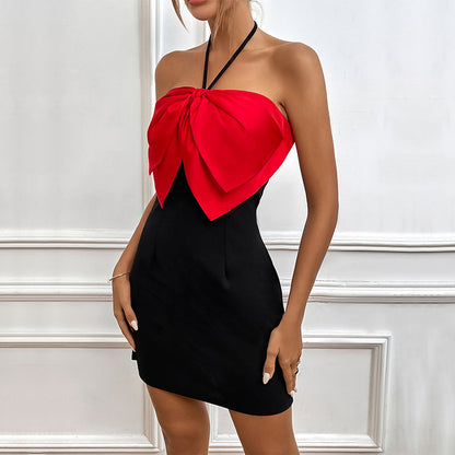 Halter Neck Bodycon Dress with Large Bow and Color-Block