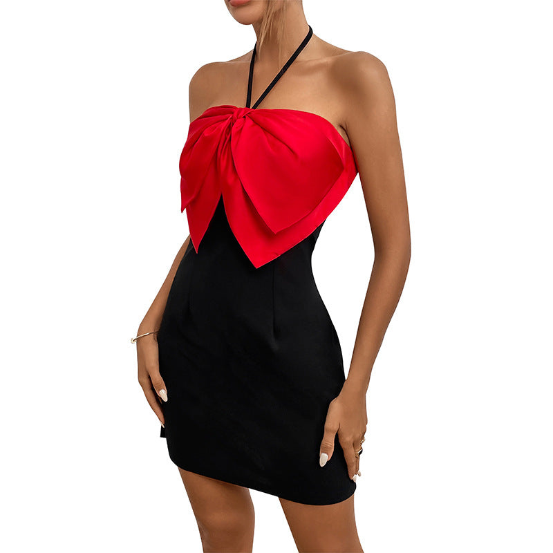 Halter Neck Bodycon Dress with Large Bow and Color-Block