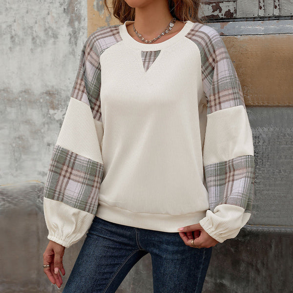 Loose Plaid Color-Blocked Sweatshirt with Ribbed Knit Body