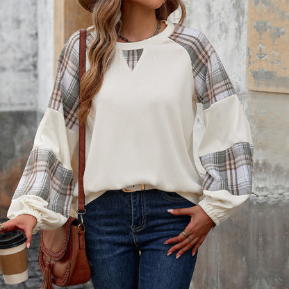 Loose Plaid Color-Blocked Sweatshirt with Ribbed Knit Body