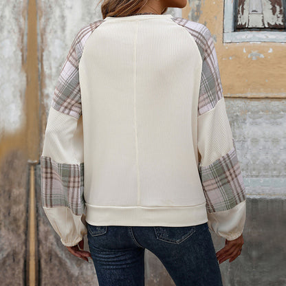 Loose Plaid Color-Blocked Sweatshirt with Ribbed Knit Body