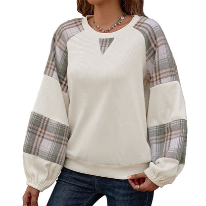 Loose Plaid Color-Blocked Sweatshirt with Ribbed Knit Body