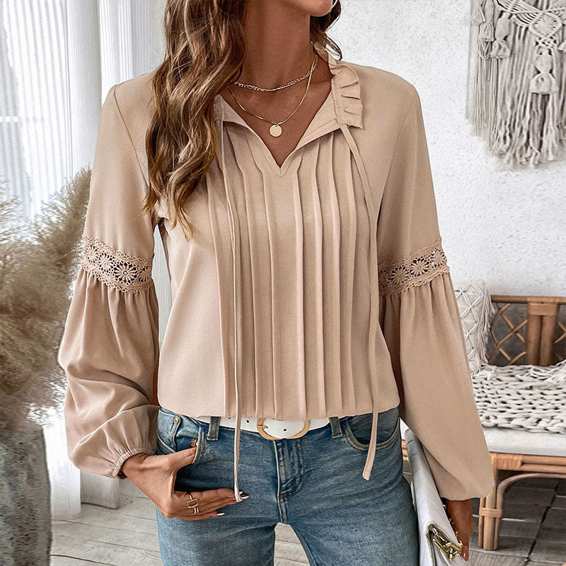Solid Color Blouse with Pleated Front and Puff Sleeves