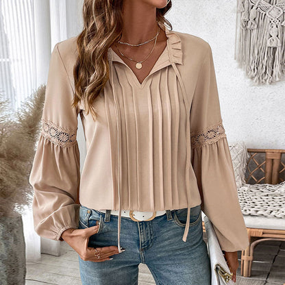 Solid Color Blouse with Pleated Front and Puff Sleeves