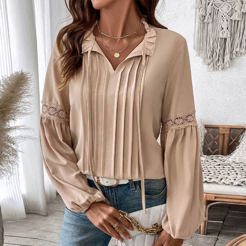 Solid Color Blouse with Pleated Front and Puff Sleeves