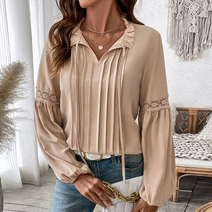Solid Color Blouse with Pleated Front and Puff Sleeves