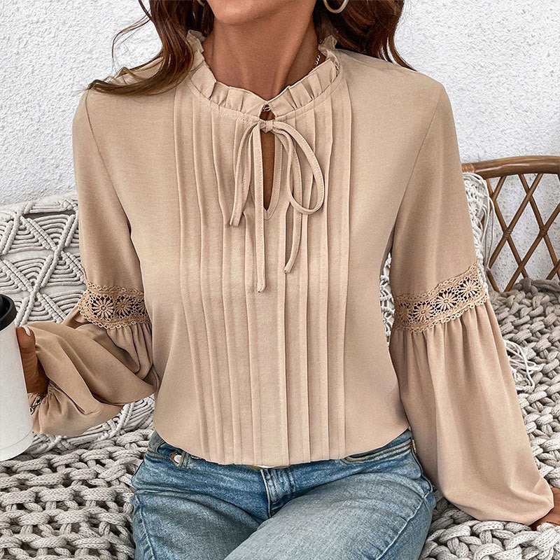 Solid Color Blouse with Pleated Front and Puff Sleeves