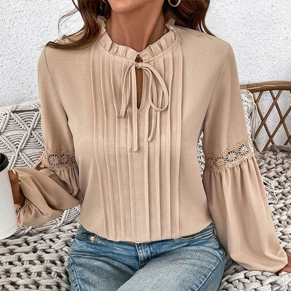 Solid Color Blouse with Pleated Front and Puff Sleeves