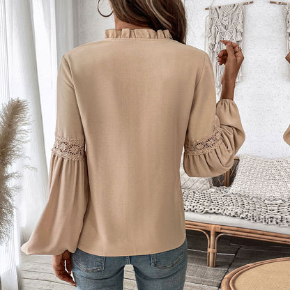 Solid Color Blouse with Pleated Front and Puff Sleeves