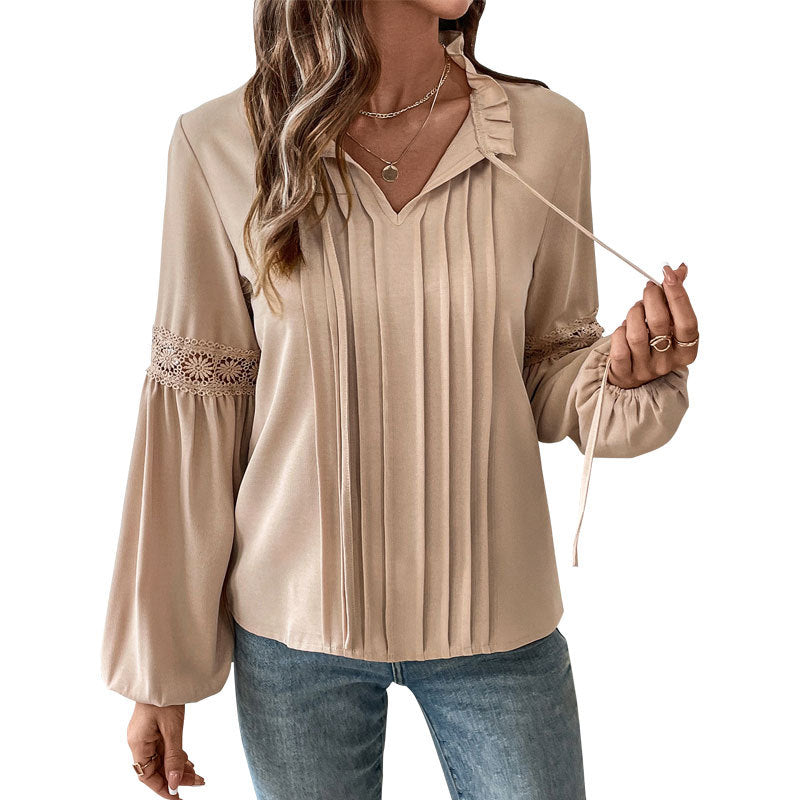 Solid Color Blouse with Pleated Front and Puff Sleeves