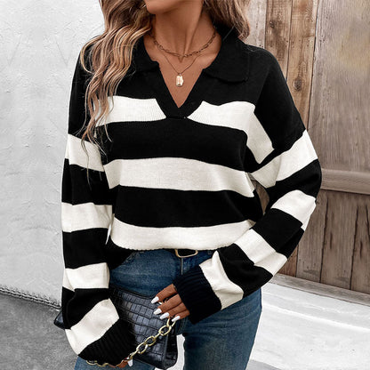 Loose Fit Striped Knit Sweater with Polo Collar