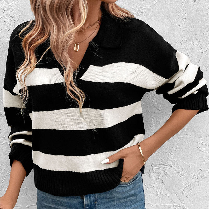 Loose Fit Striped Knit Sweater with Polo Collar