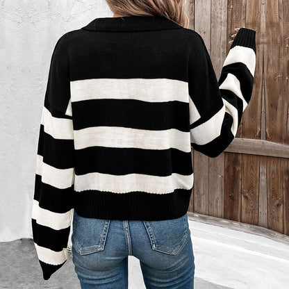 Loose Fit Striped Knit Sweater with Polo Collar
