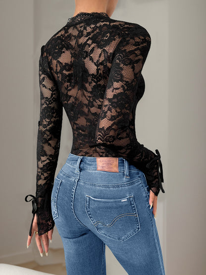 Bodycon Lace Bodysuit with V-Neck and Tie-Cuff Long Sleeves