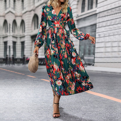 Floral Print Wrap Midi Dress with Pleated Skirt