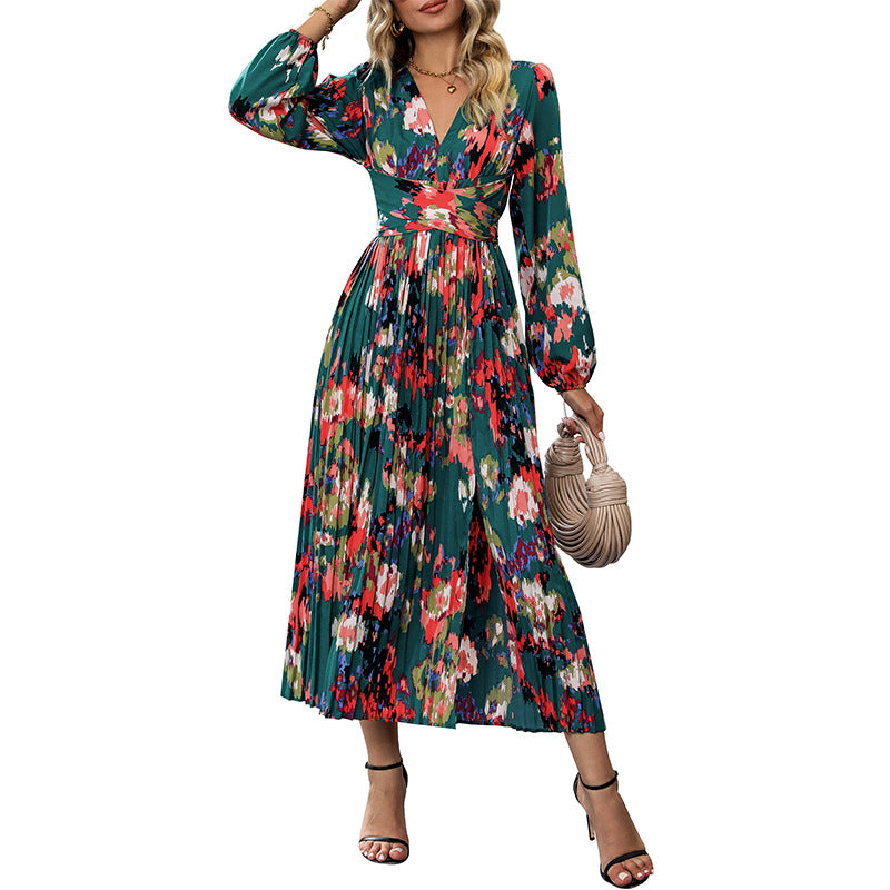 Floral Print Wrap Midi Dress with Pleated Skirt