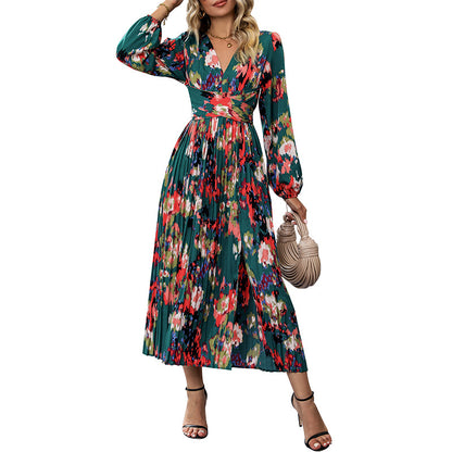 Floral Print Wrap Midi Dress with Pleated Skirt