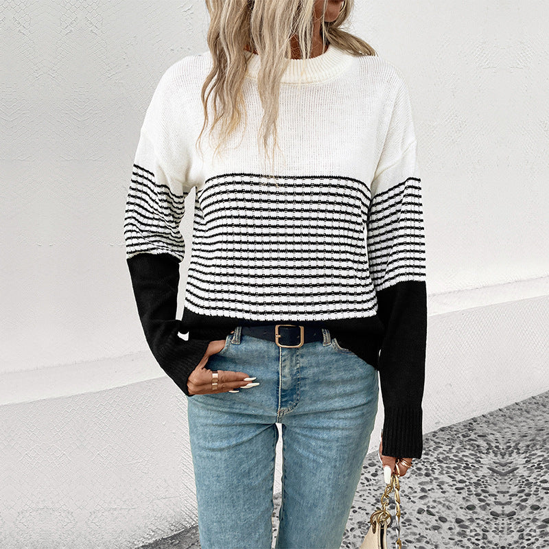 Loose Fit Striped Color-block Sweater with Crewneck