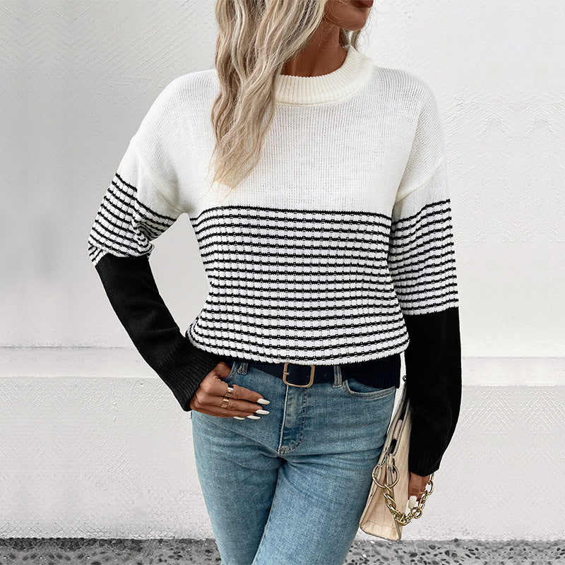 Loose Fit Striped Color-block Sweater with Crewneck