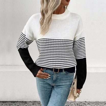 Loose Fit Striped Color-block Sweater with Crewneck