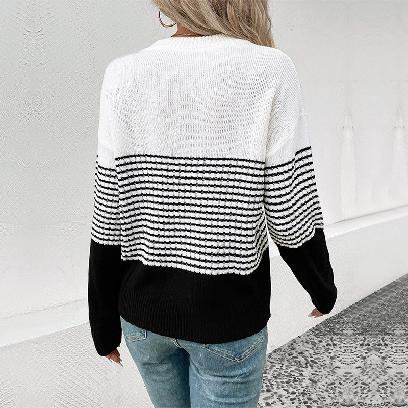 Loose Fit Striped Color-block Sweater with Crewneck