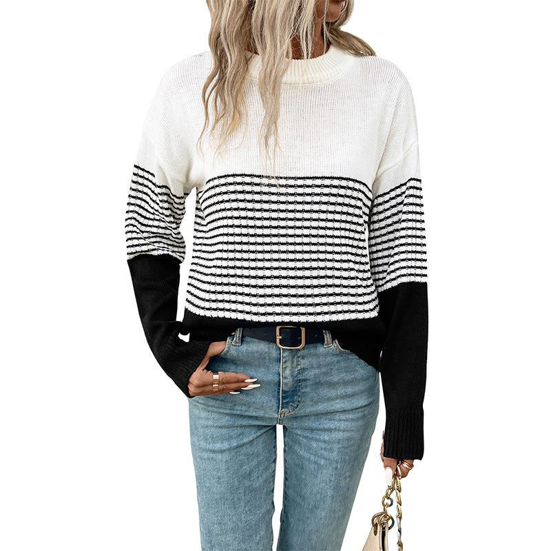 Loose Fit Striped Color-block Sweater with Crewneck