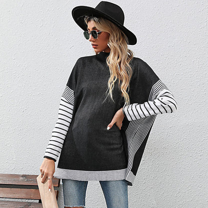 Striped Loose Fit Sweater with Mock Neck