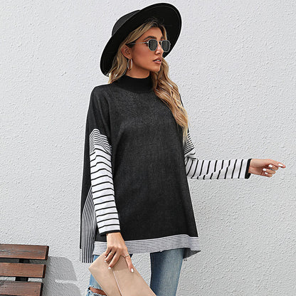 Striped Loose Fit Sweater with Mock Neck