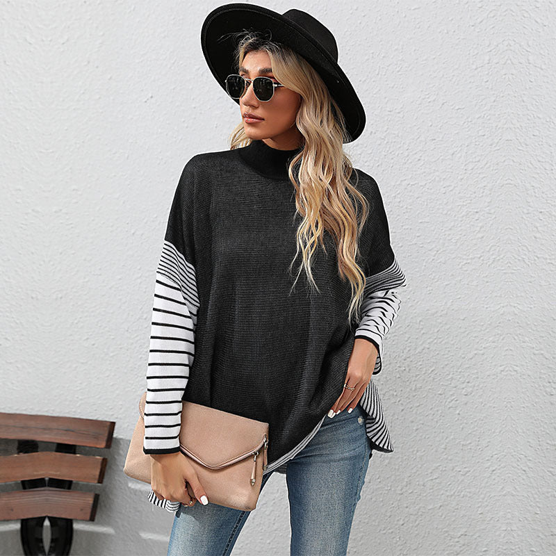 Striped Loose Fit Sweater with Mock Neck