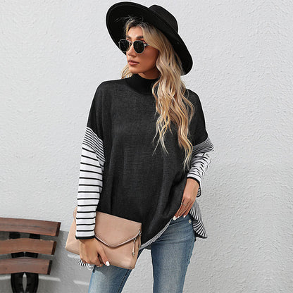 Striped Loose Fit Sweater with Mock Neck