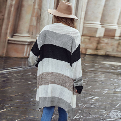 Loose Fit Long Color Block Cardigan with Open Front