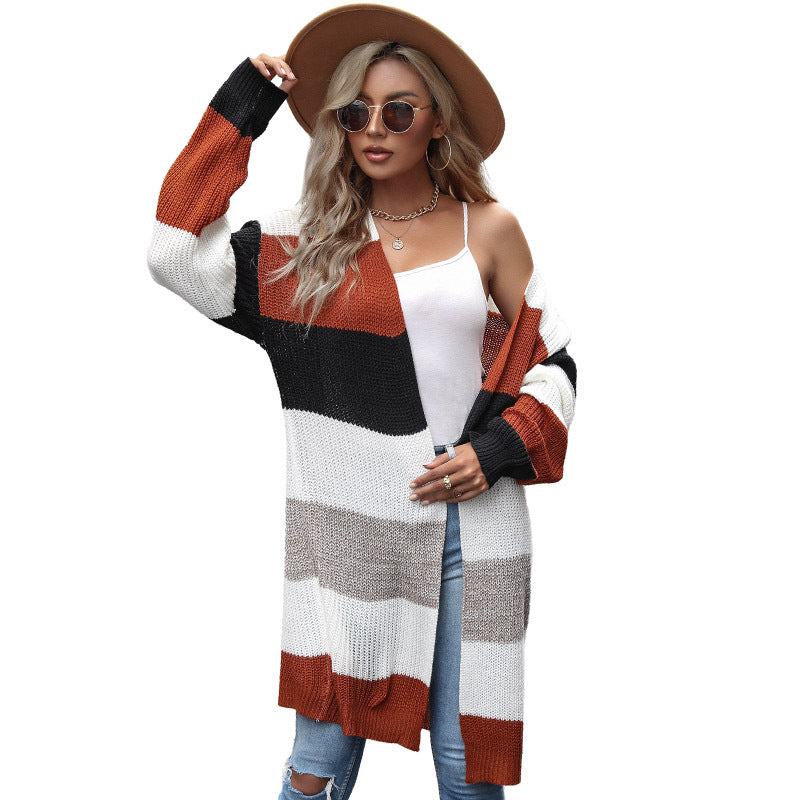 Loose Fit Long Color Block Cardigan with Open Front