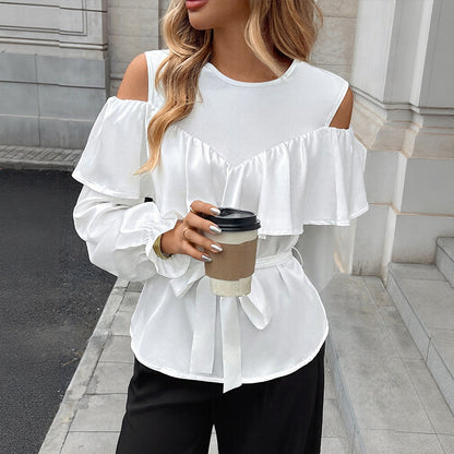 Cold Shoulder Blouse with Ruffle Overlay and Tie Waist