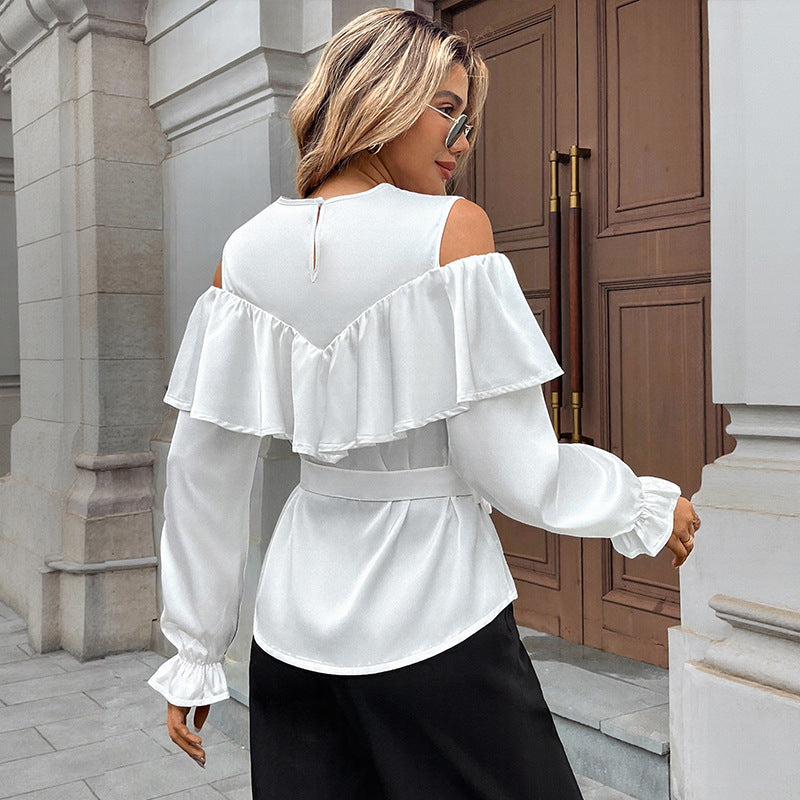 Cold Shoulder Blouse with Ruffle Overlay and Tie Waist