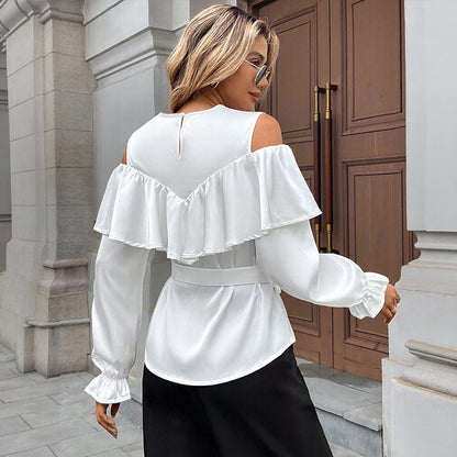 Cold Shoulder Blouse with Ruffle Overlay and Tie Waist