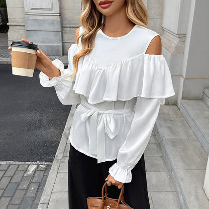Cold Shoulder Blouse with Ruffle Overlay and Tie Waist