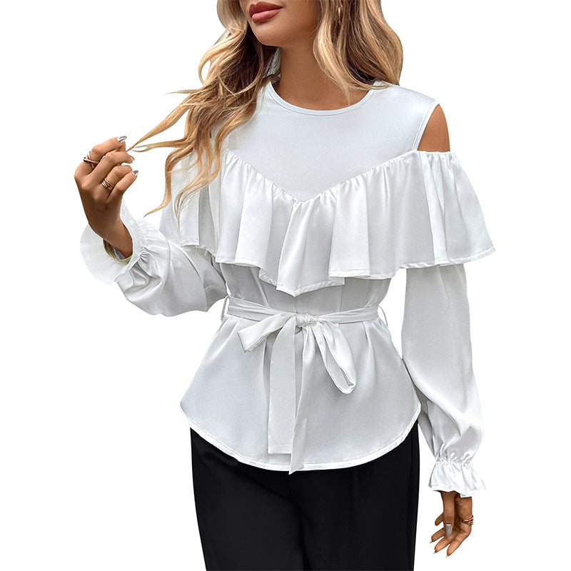 Cold Shoulder Blouse with Ruffle Overlay and Tie Waist