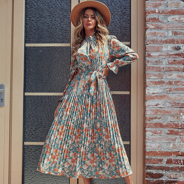 Floral Print Pleated Midi Dress with Mock Neck