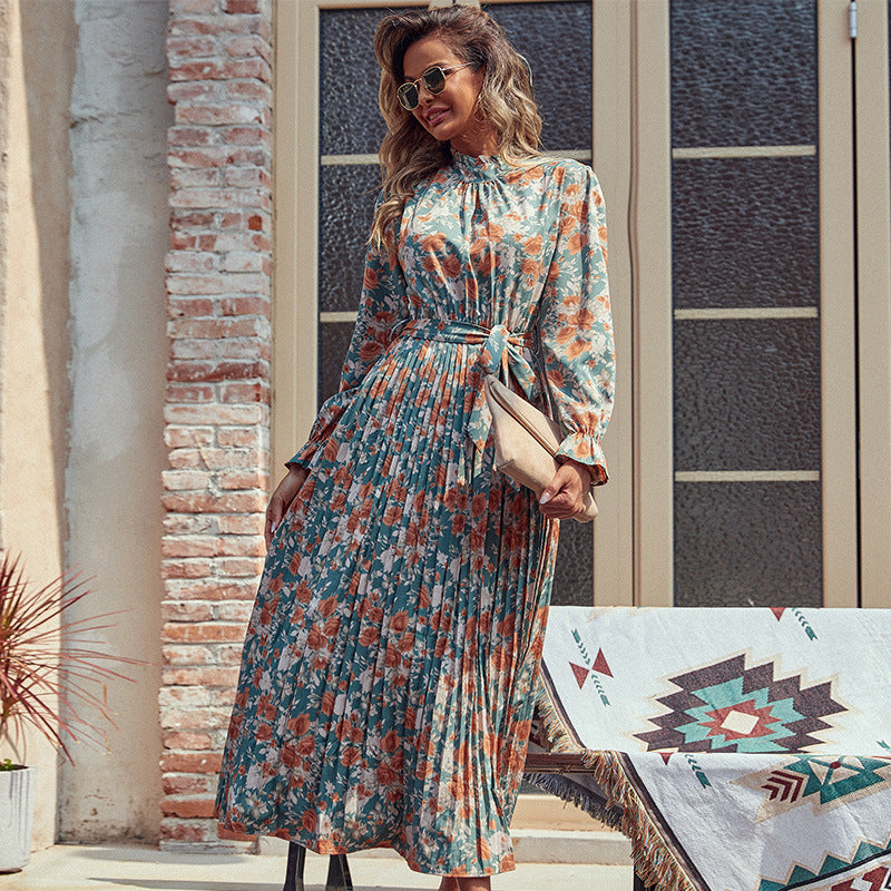 Floral Print Pleated Midi Dress with Mock Neck