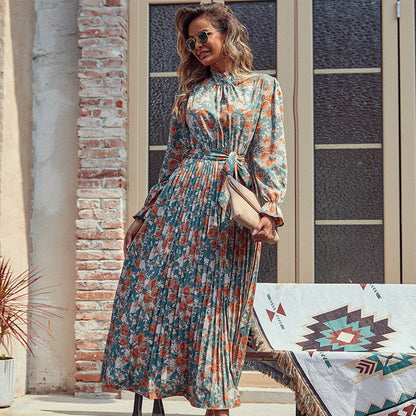 Floral Print Pleated Midi Dress with Mock Neck