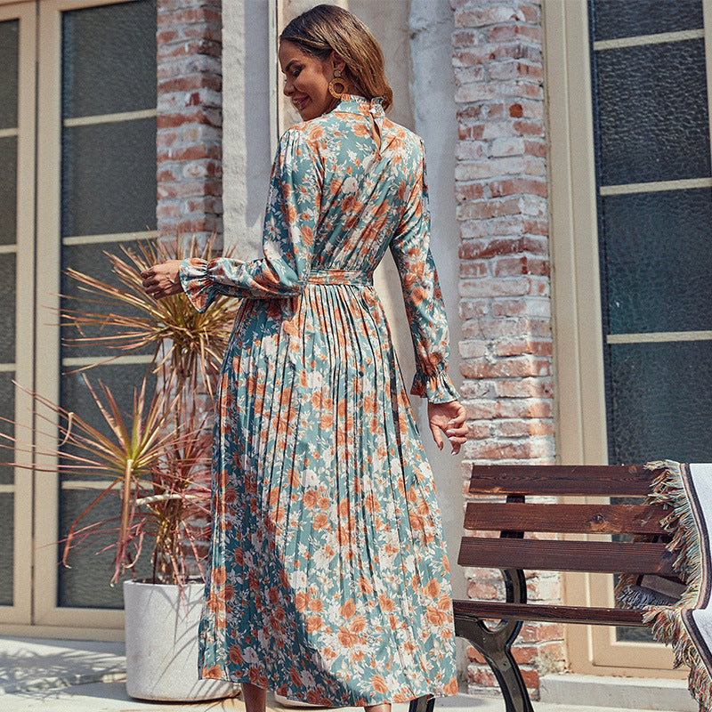 Floral Print Pleated Midi Dress with Mock Neck