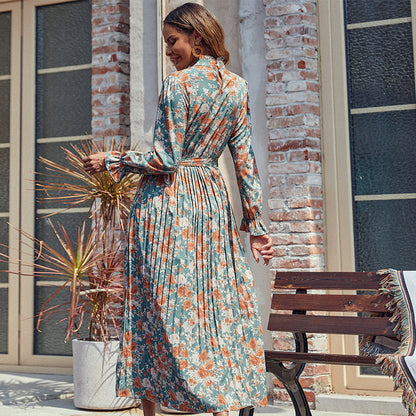 Floral Print Pleated Midi Dress with Mock Neck