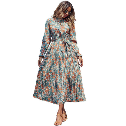 Floral Print Pleated Midi Dress with Mock Neck