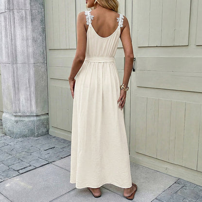 A-Line Cami Maxi Dress with Tie Waist, Lace Straps & Slit