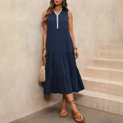 Tiered Maxi Dress with V-Neck and Lace Trim