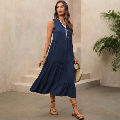 Tiered Maxi Dress with V-Neck and Lace Trim