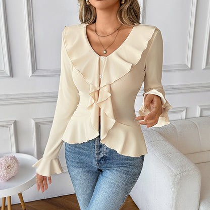 Long Sleeve Peplum Blouse with Ruffled Front and Flared Cuffs
