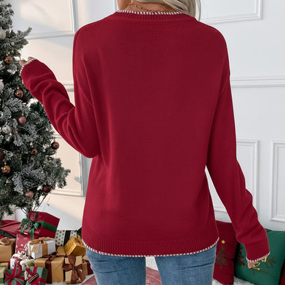 Christmas Bow Pullover Sweater with Round Neck